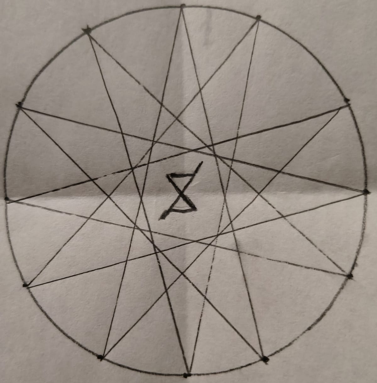 An encircled dodecagram with a central glyph composed of two equilateral triangles sharing a point and extending from a shared axis protruding from both the lower left and upper right corners