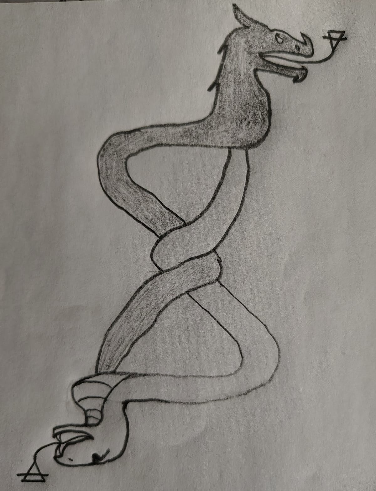A serpent whose tongue forks into the alchemical symbol of Air intertwined with a dragon whose tongue forks into the alchemical symbol of Earth