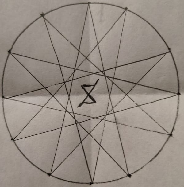 An encircled dodecagram with a central glyph composed of two equilateral triangles sharing a point and extending from a shared axis protruding from both the lower left and upper right corners