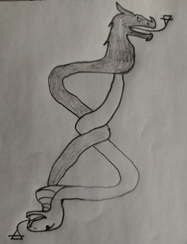 A serpent whose tongue forks into the alchemical symbol of Air intertwined with a dragon whose tongue forks into the alchemical symbol of Earth